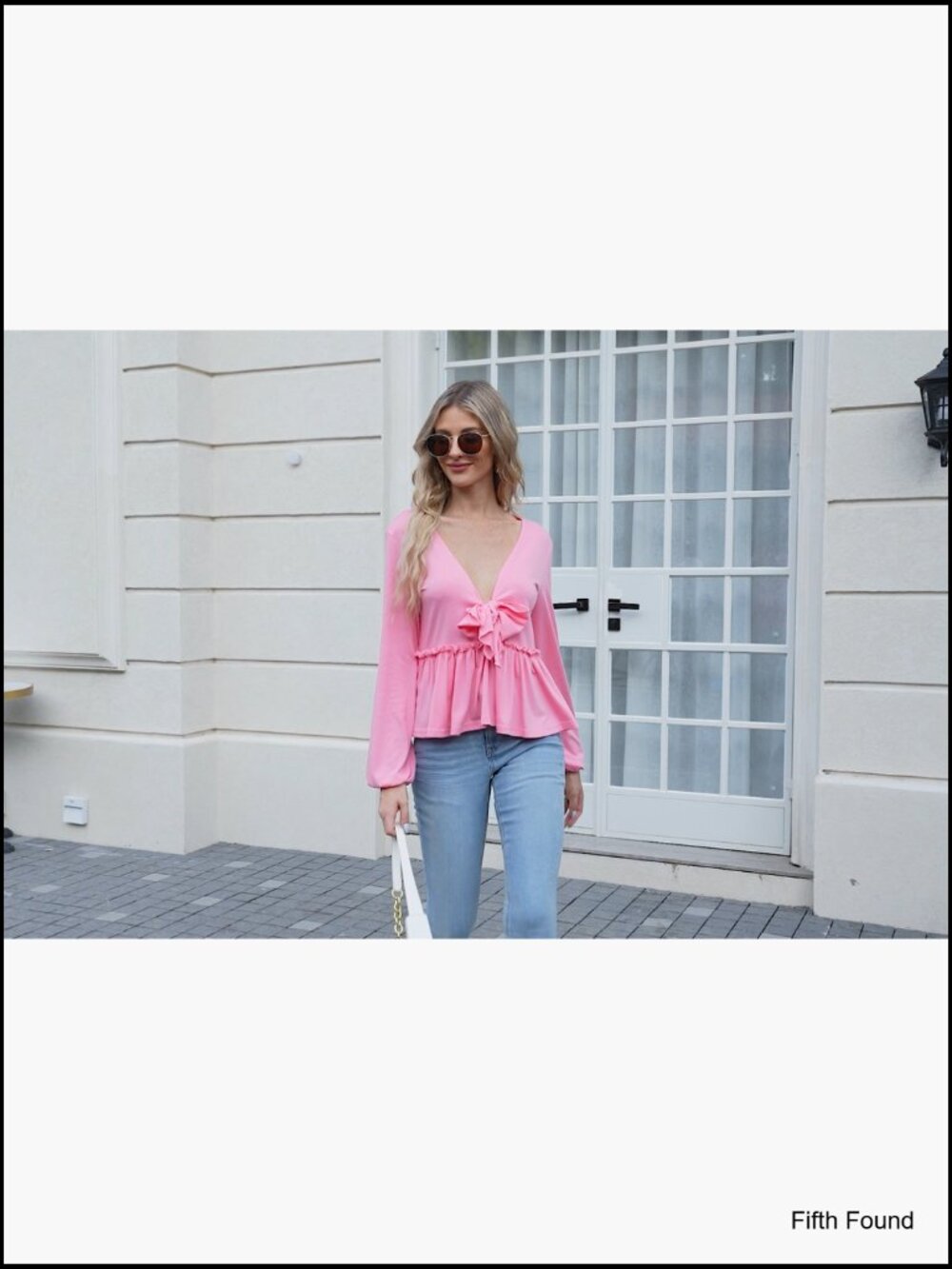 Long Sleeve V Neck Babydoll Tie Front Ruffle Hem Crop Top Blouse - Picture 7 of 7